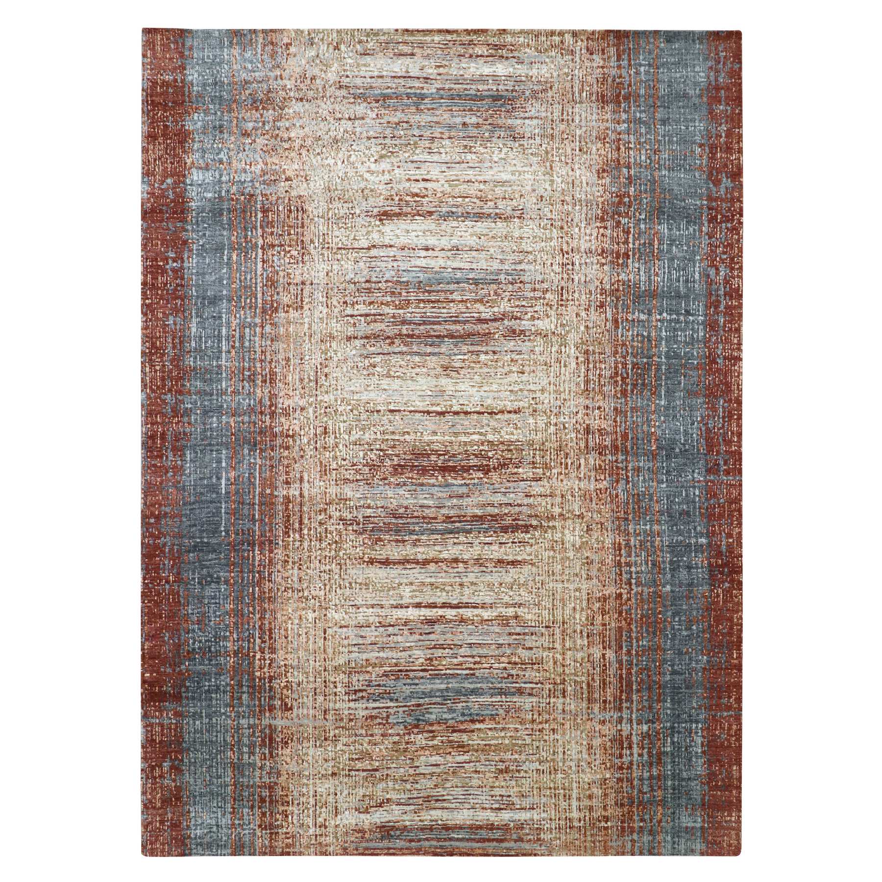 Gray with Rust, Densely Woven, Persian Knot, Abstract with Galaxy Design, 100% Wool, Hand Knotted, Oriental Rug